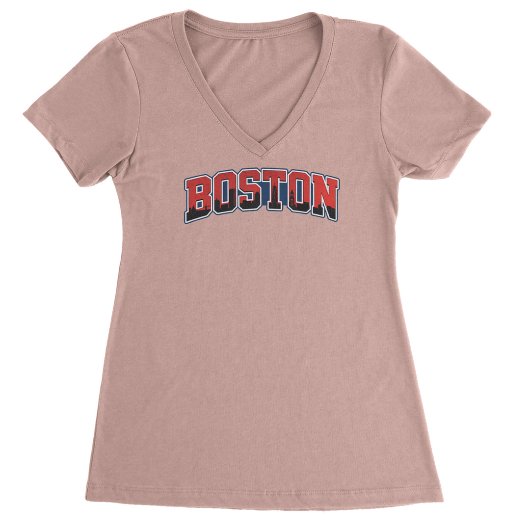 Boston City Pride Skyline Ladies V-Neck T-shirt Light Pink