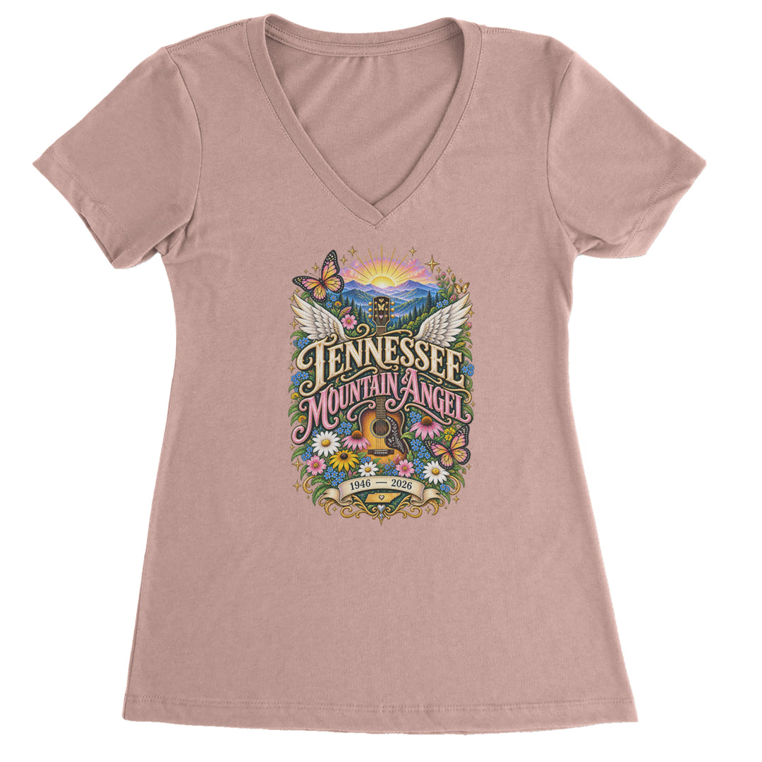 Tennessee Mountain Angel Wings Dolly Ladies V-Neck T-shirt Light Pink