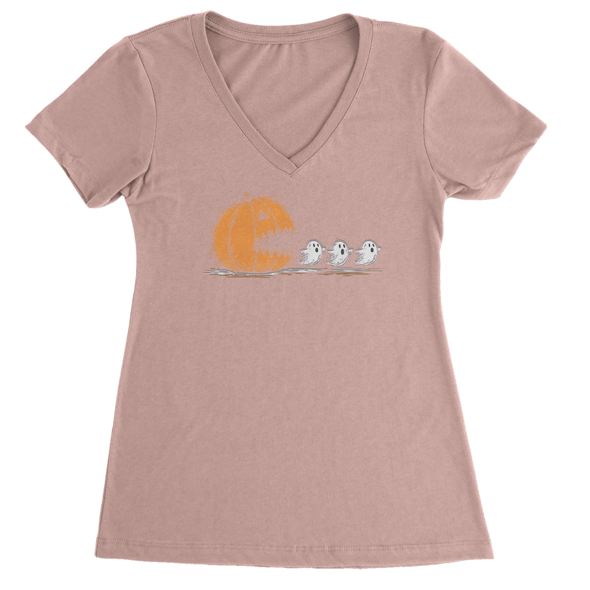 Pumpkin Pacman Chasing Ghosts Halloween Ladies V-Neck T-shirt Light Pink