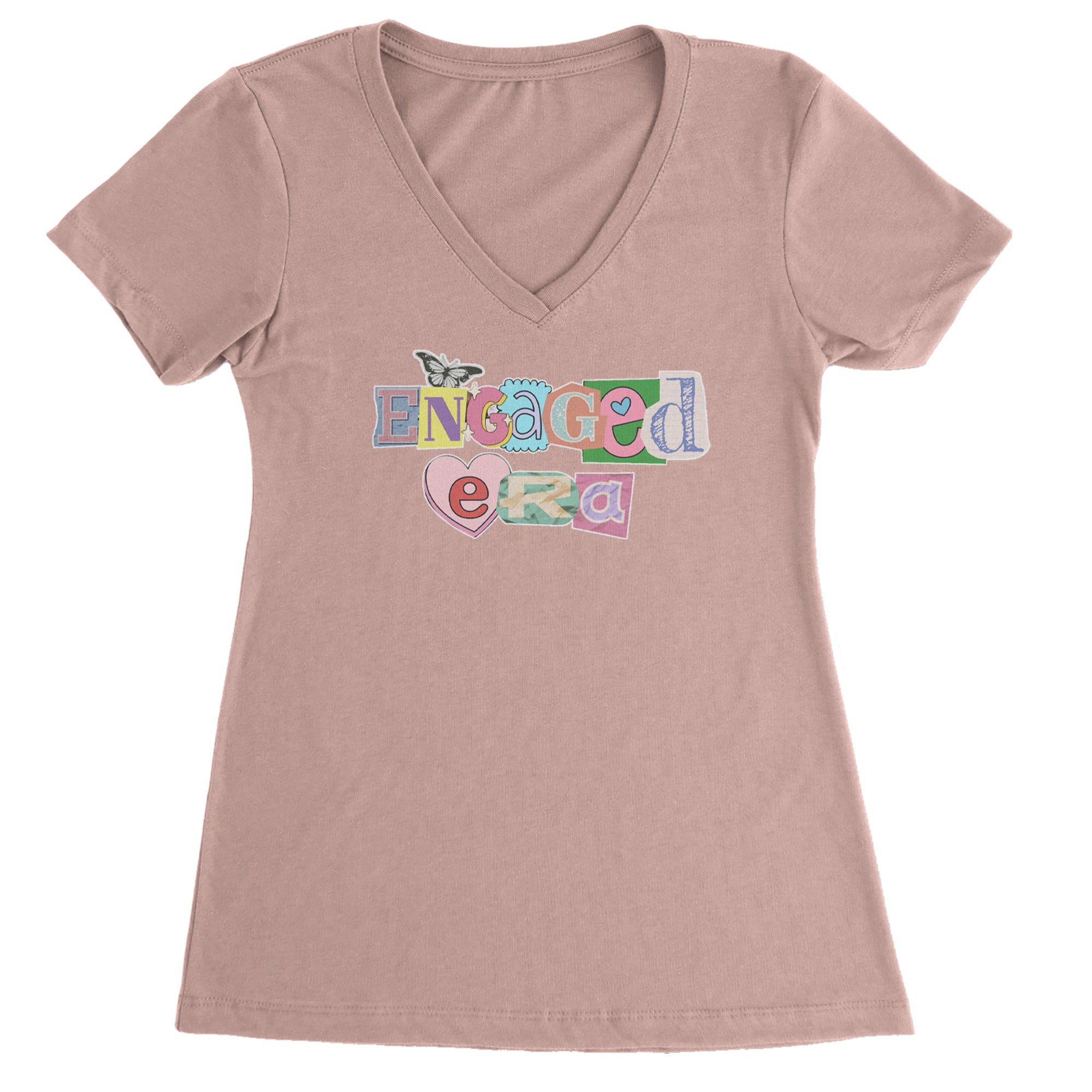 Engaged Era Aesthetic Retro Collage Design Ladies V-Neck T-shirt Light Pink