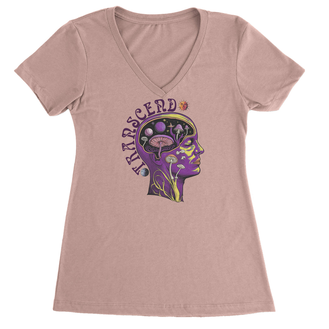 Psychedelic Cosmic Mushroom Head Ladies V-Neck T-shirt Light Pink
