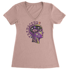 Psychedelic Cosmic Mushroom Head Ladies V-Neck T-shirt Light Pink