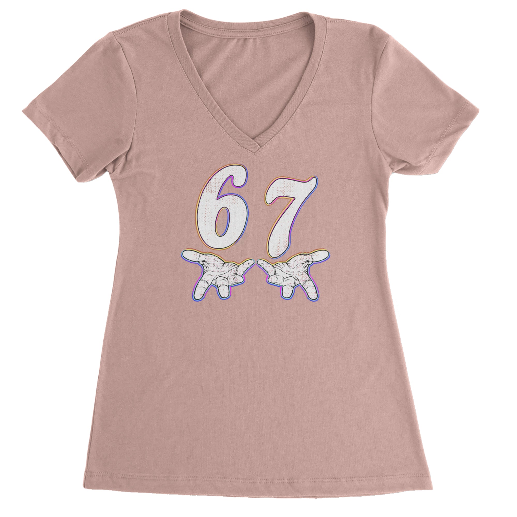 67 Hands Meme Viral Drill Ladies V-Neck T-shirt Light Pink