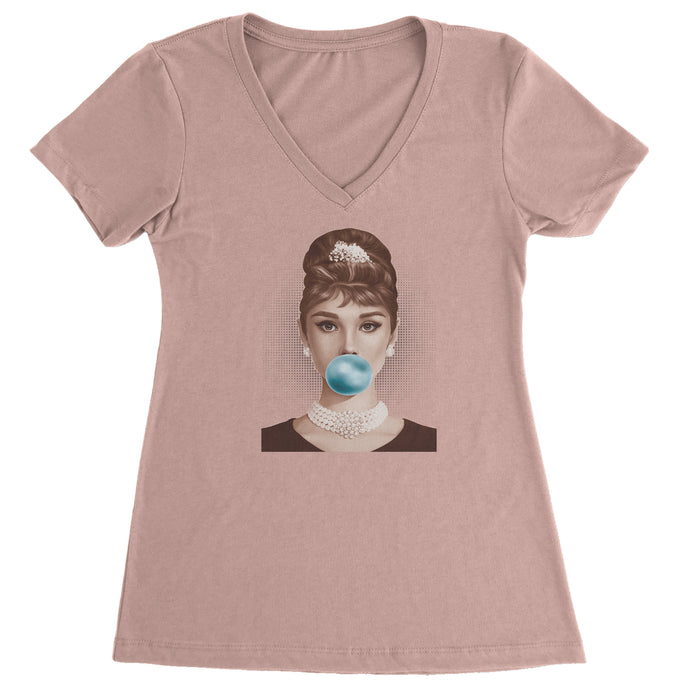 Audrey Hepburn Chewing Bubble Gum American Icon Ladies V-Neck T-shirt