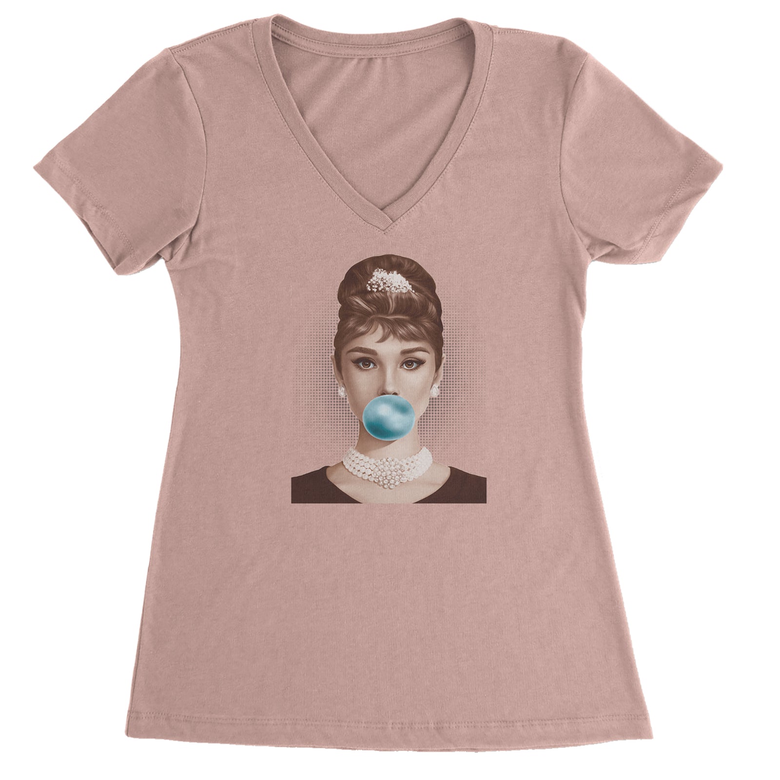 Audrey Hepburn Chewing Bubble Gum American Icon Ladies V-Neck T-shirt Light Pink