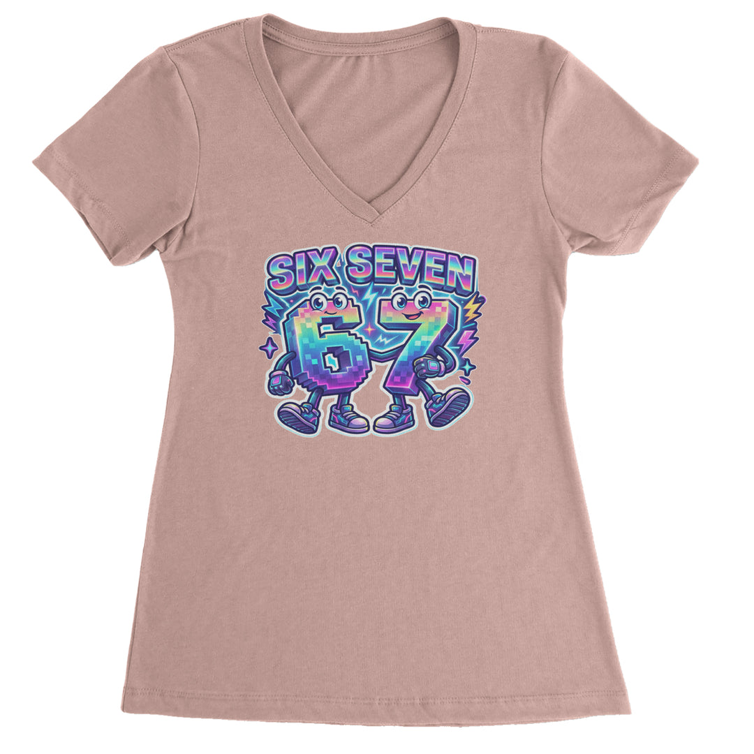 Six Seven 67 Retro Pixel Buddies Ladies V-Neck T-shirt Light Pink