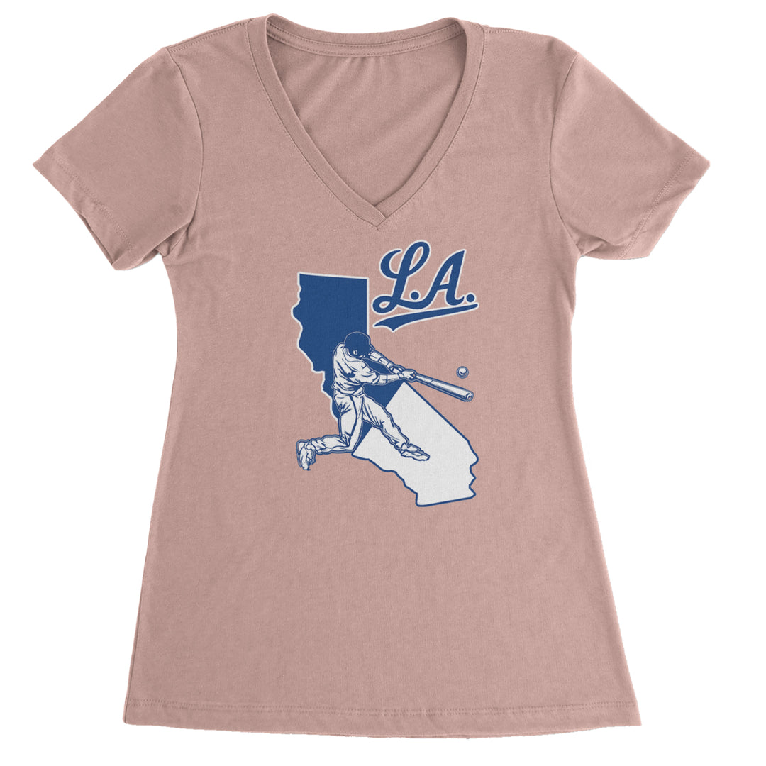 Los Angeles Baseball Batter Up Ladies V-Neck T-shirt Light Pink