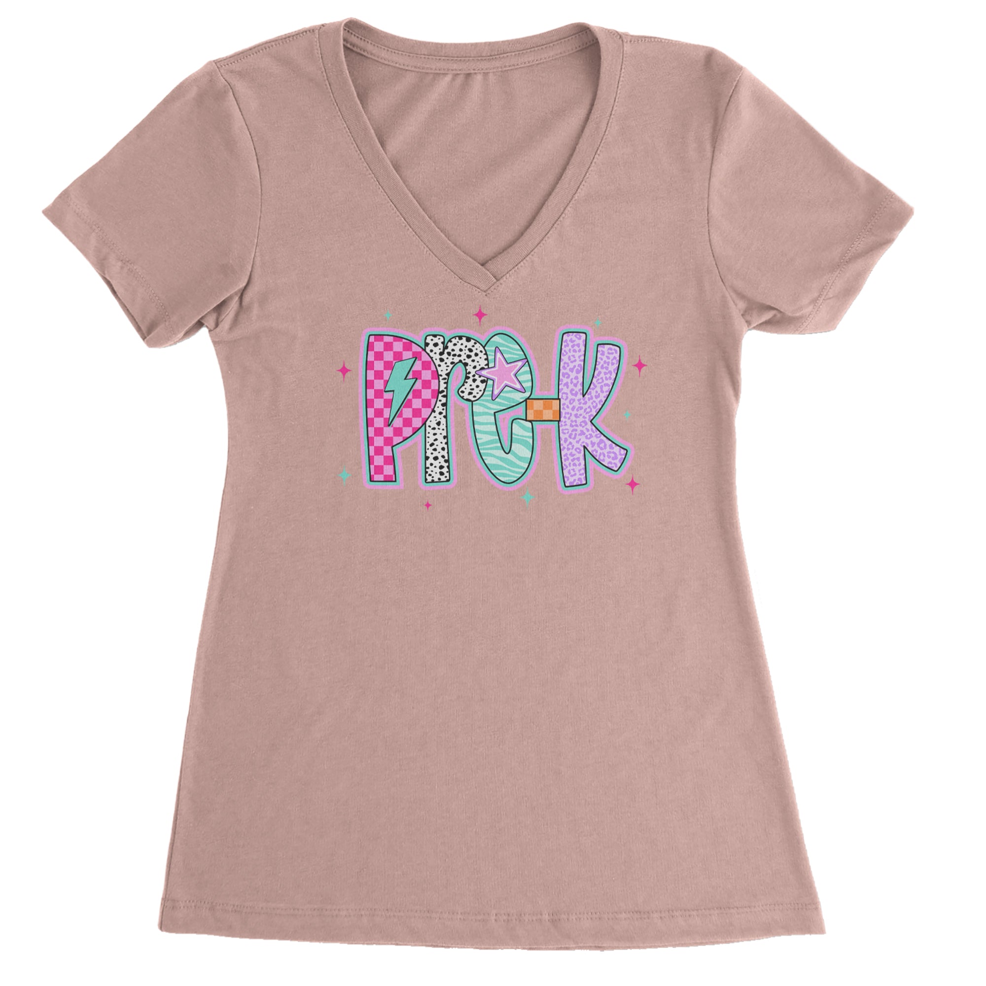 Pre-K Party Time Colorful Back to School Ladies V-Neck T-shirt Light Pink