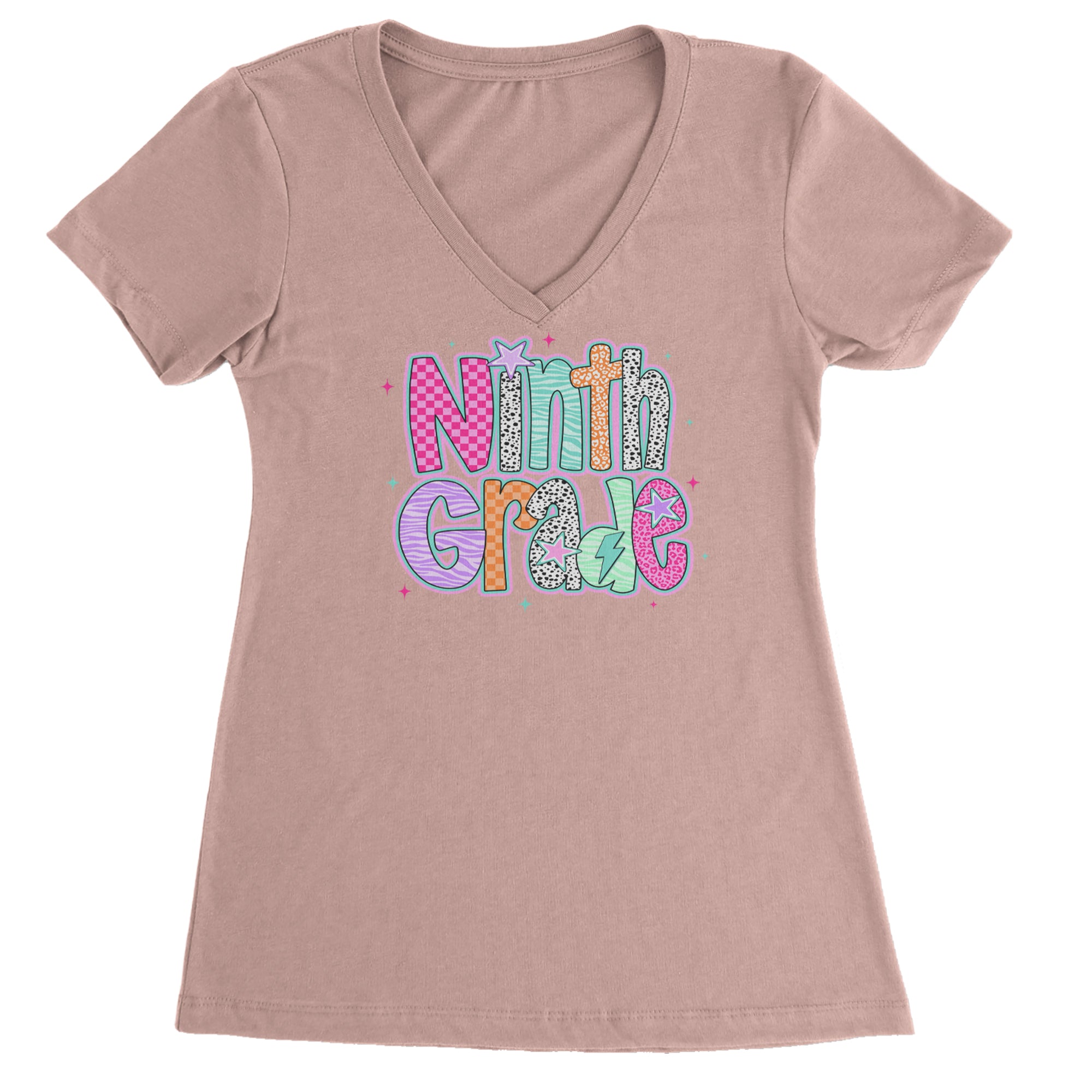 Ninth Grade Freshman Vibes Colorful Back to School Ladies V-Neck T-shirt Light Pink