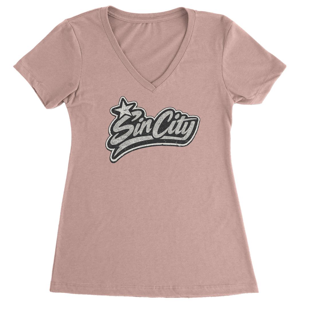 Sin City Vegas Retro Vintage Ladies V-Neck T-shirt Light Pink
