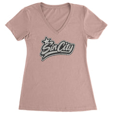 Sin City Vegas Retro Vintage Ladies V-Neck T-shirt Light Pink