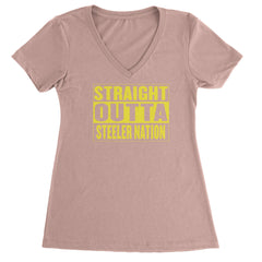 Straight Outta Steeler Nation Football  Ladies V-Neck T-shirt Light Pink