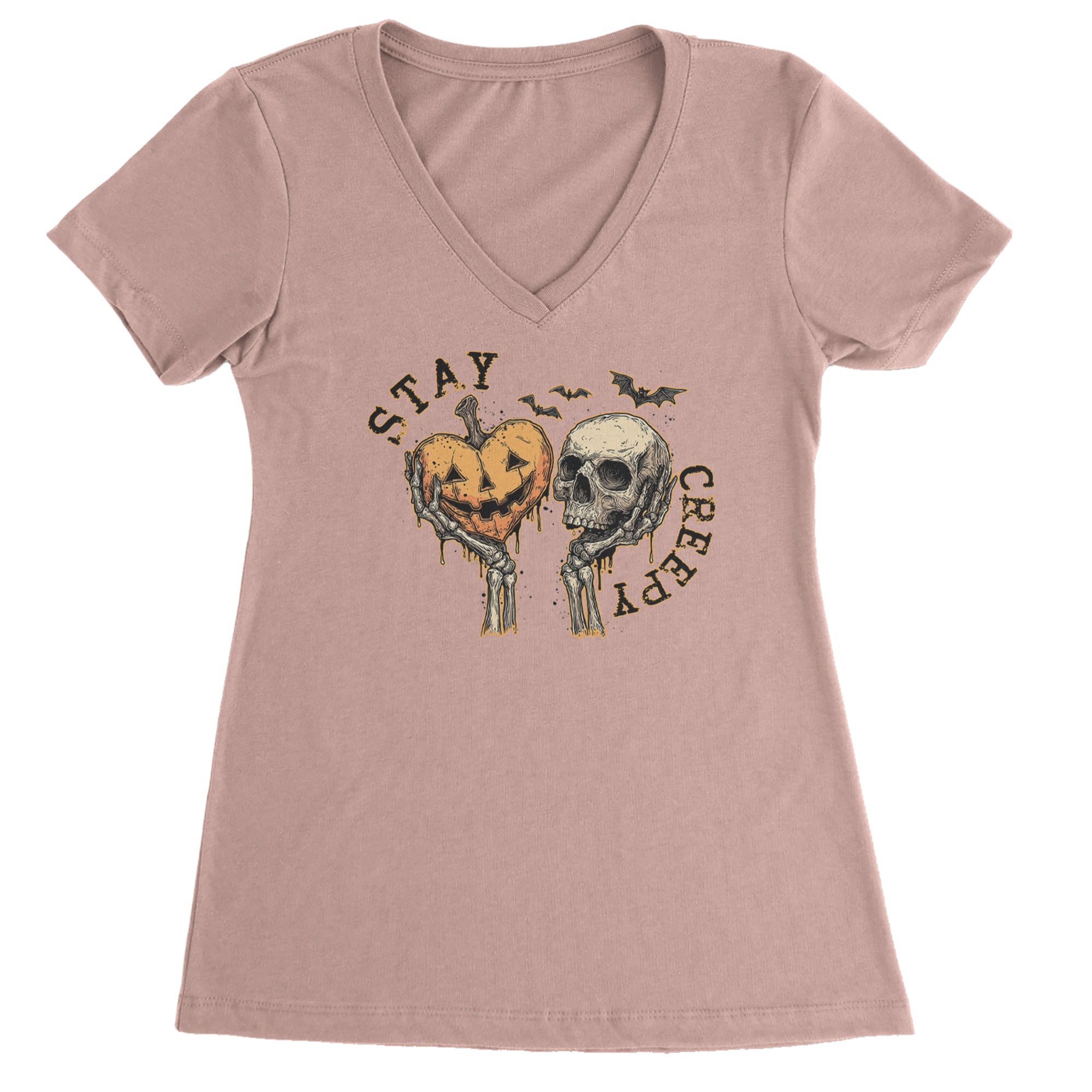 Stay Creepy Skull and Pumpkin Halloween Ladies V-Neck T-shirt Light Pink