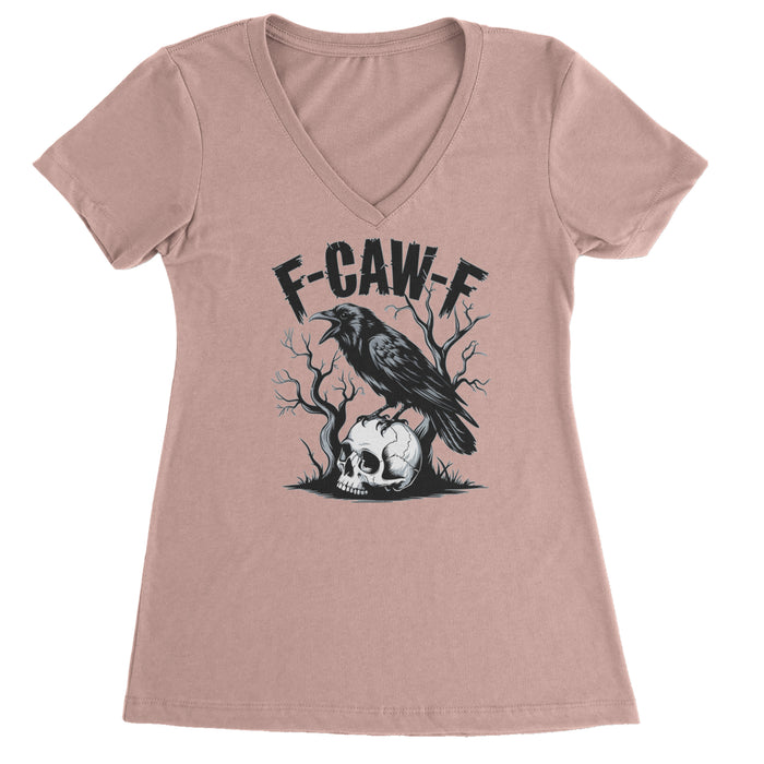 F-Caw-F Crow On Skull F-ck Off Gothic Ladies V-Neck T-shirt