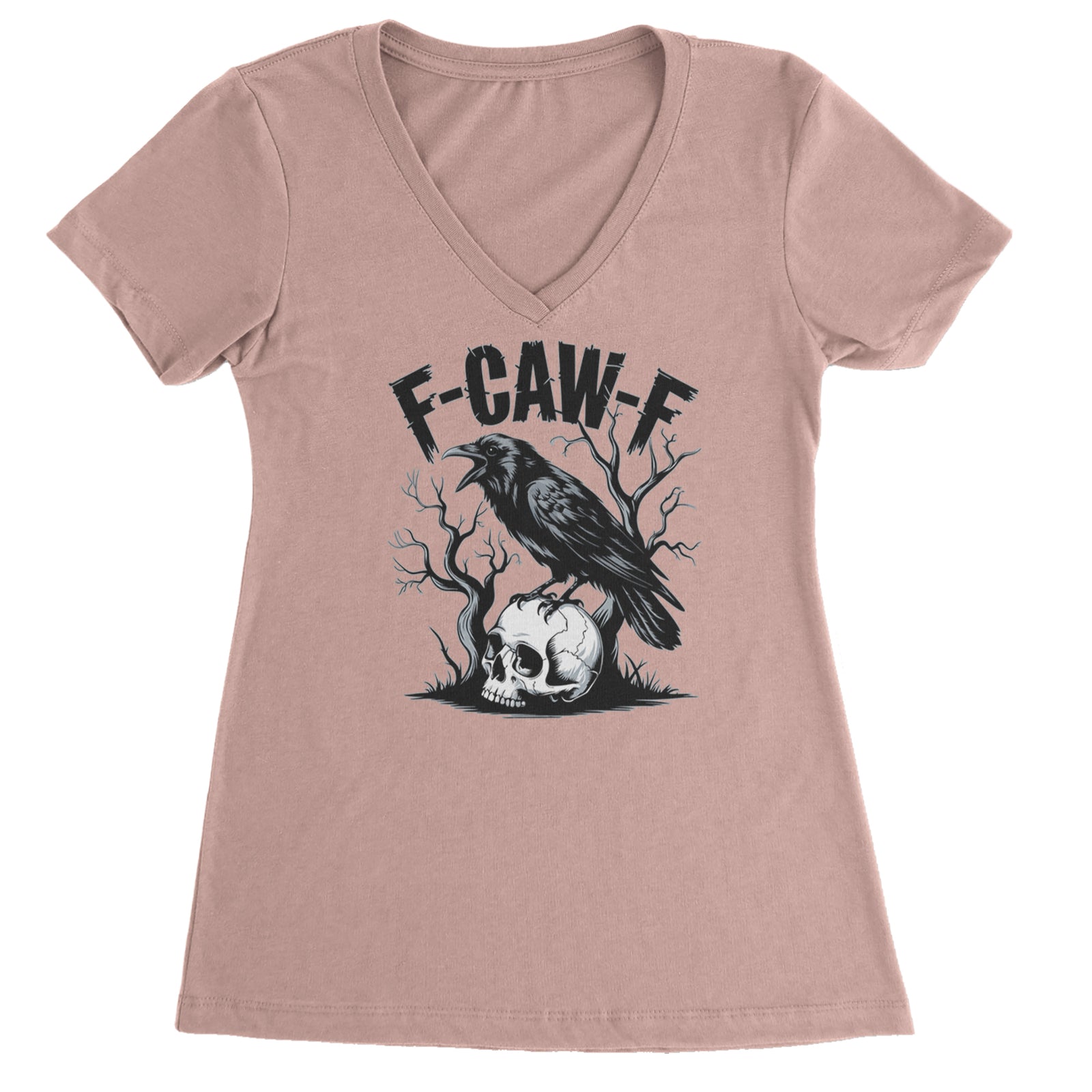 F-Caw-F Crow On Skull F-ck Off Gothic Ladies V-Neck T-shirt Light Pink