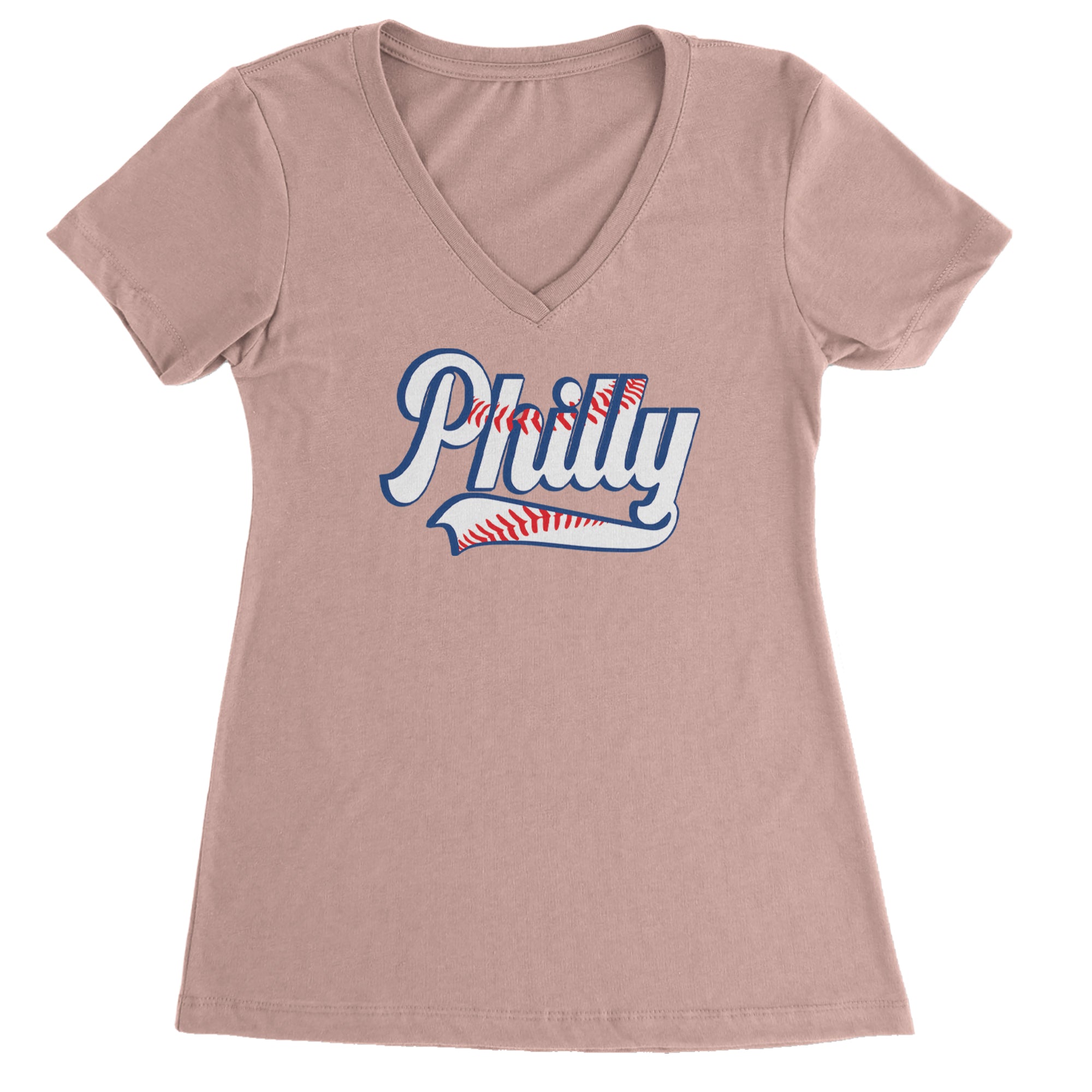 Philly Baseball Stitching Ladies V-Neck T-shirt Light Pink