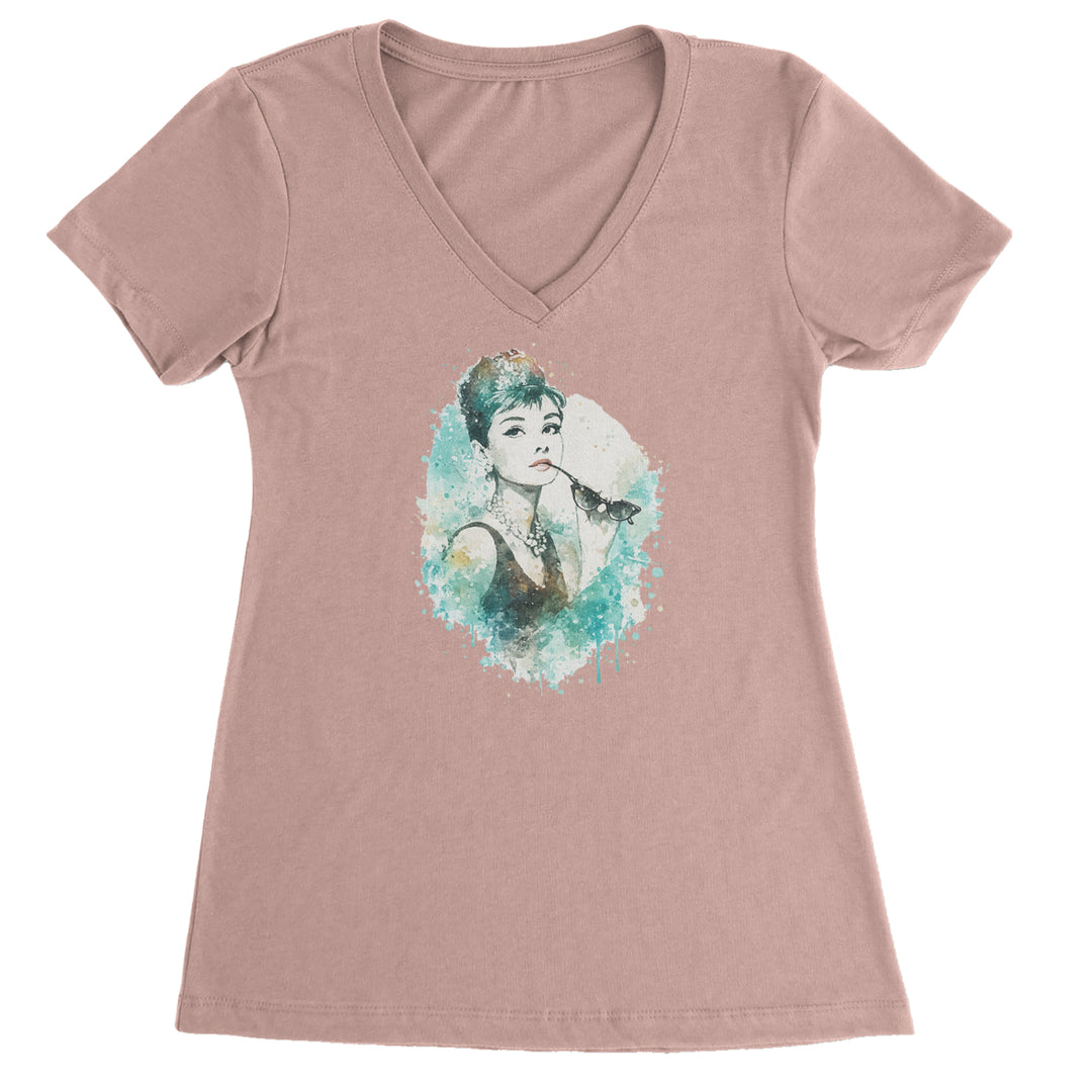 Mrs. Herpburn Iconic Watercolors Ladies V-Neck T-shirt Light Pink
