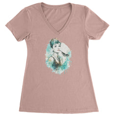 Mrs. Herpburn Iconic Watercolors Ladies V-Neck T-shirt Light Pink