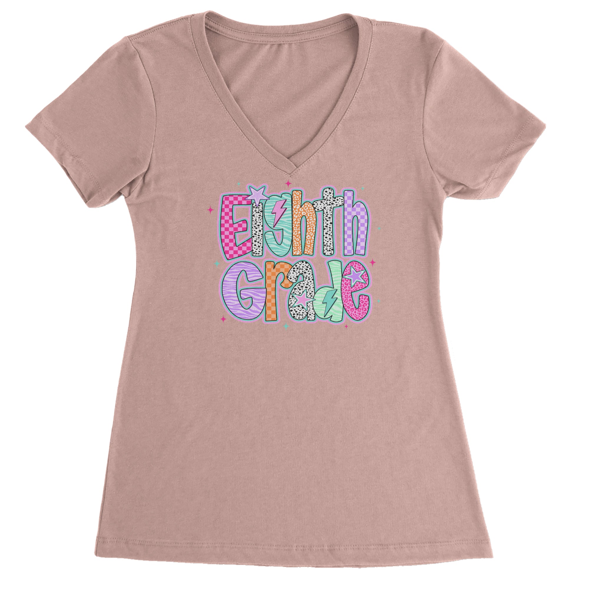 Eighth Grade Energy Colorful Back to School Ladies V-Neck T-shirt Light Pink