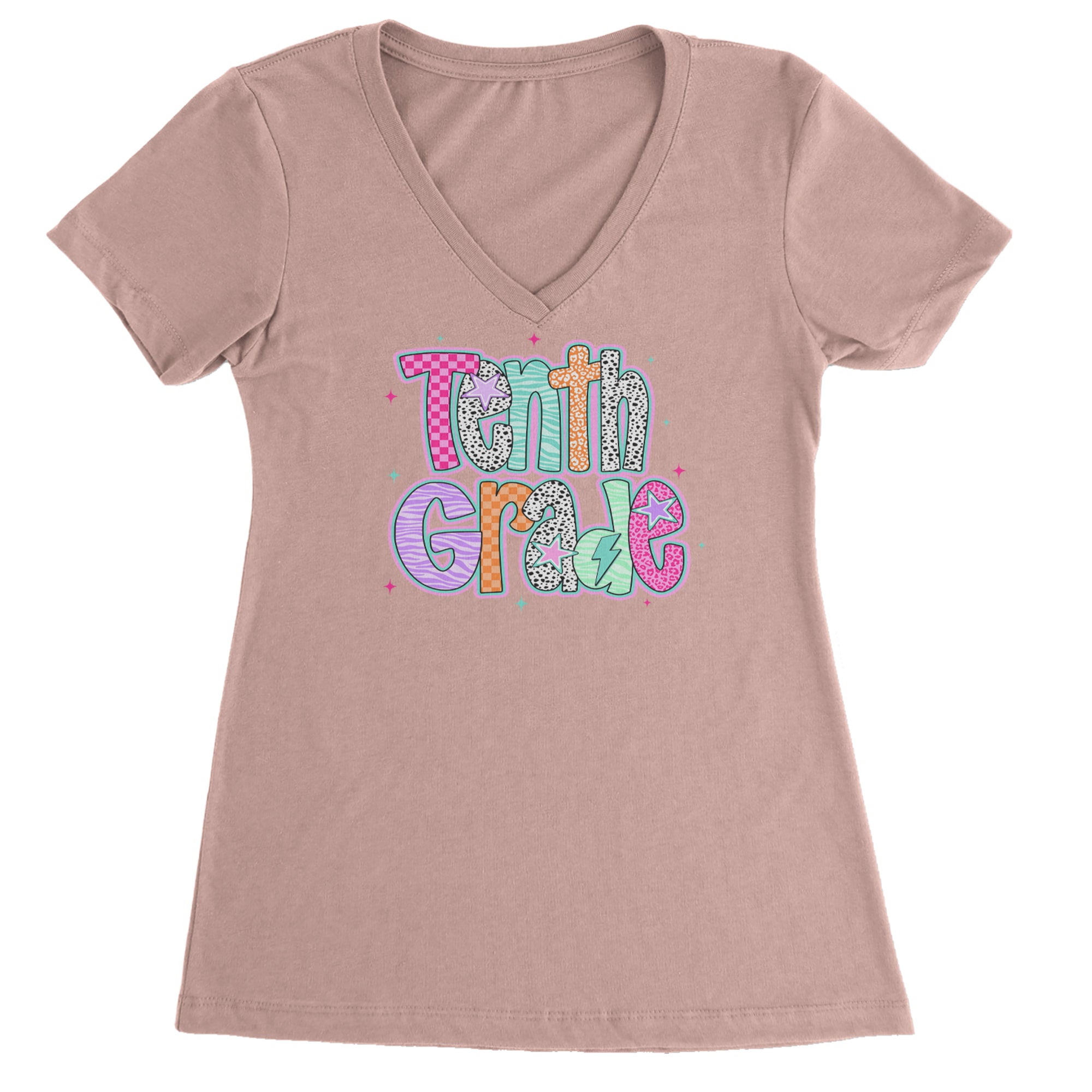 Tenth Grade Trendsetter Colorful Back to School Ladies V-Neck T-shirt Light Pink