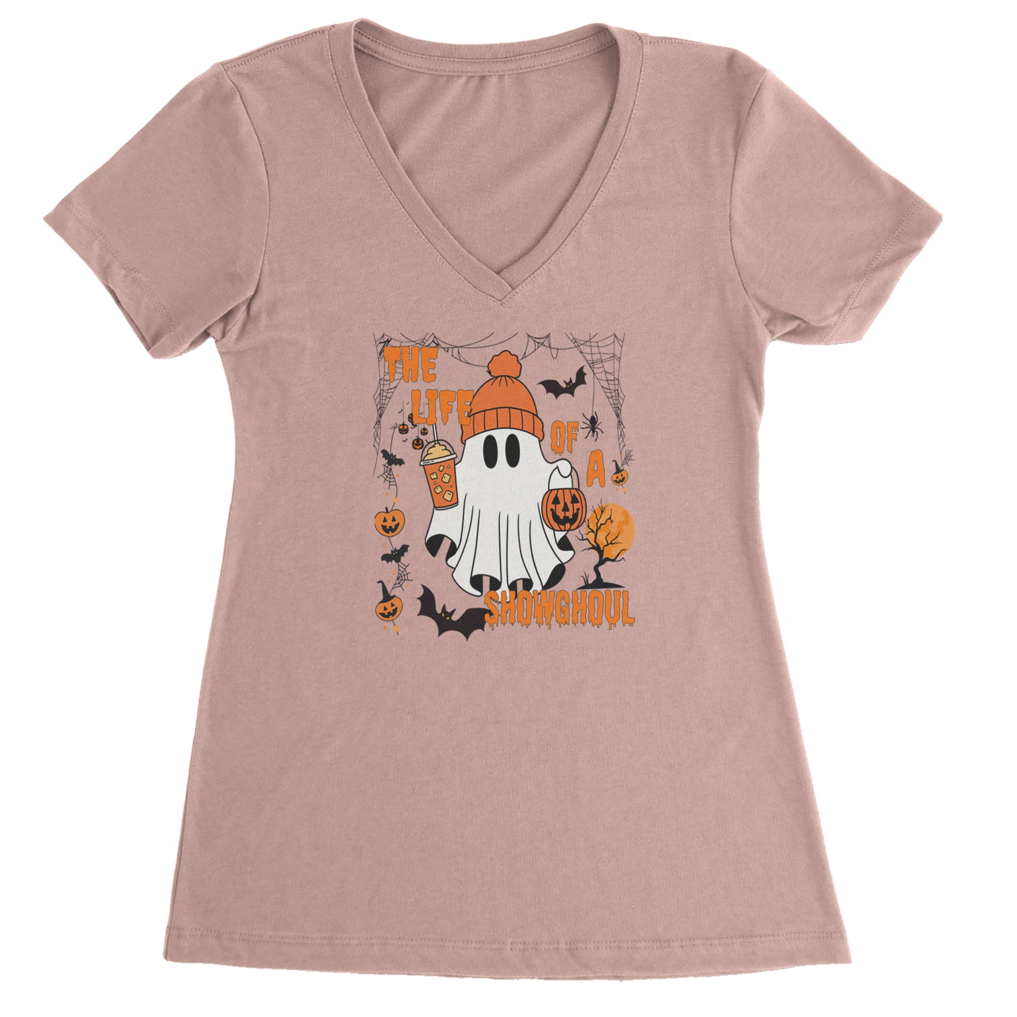 Life of a Showghoul Halloween Showgirl Vibes Ladies V-Neck T-shirt Light Pink