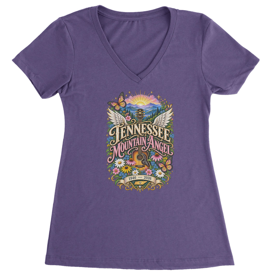 Tennessee Mountain Angel Wings Dolly Ladies V-Neck T-shirt Purple