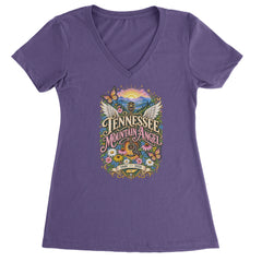 Tennessee Mountain Angel Wings Dolly Ladies V-Neck T-shirt Purple
