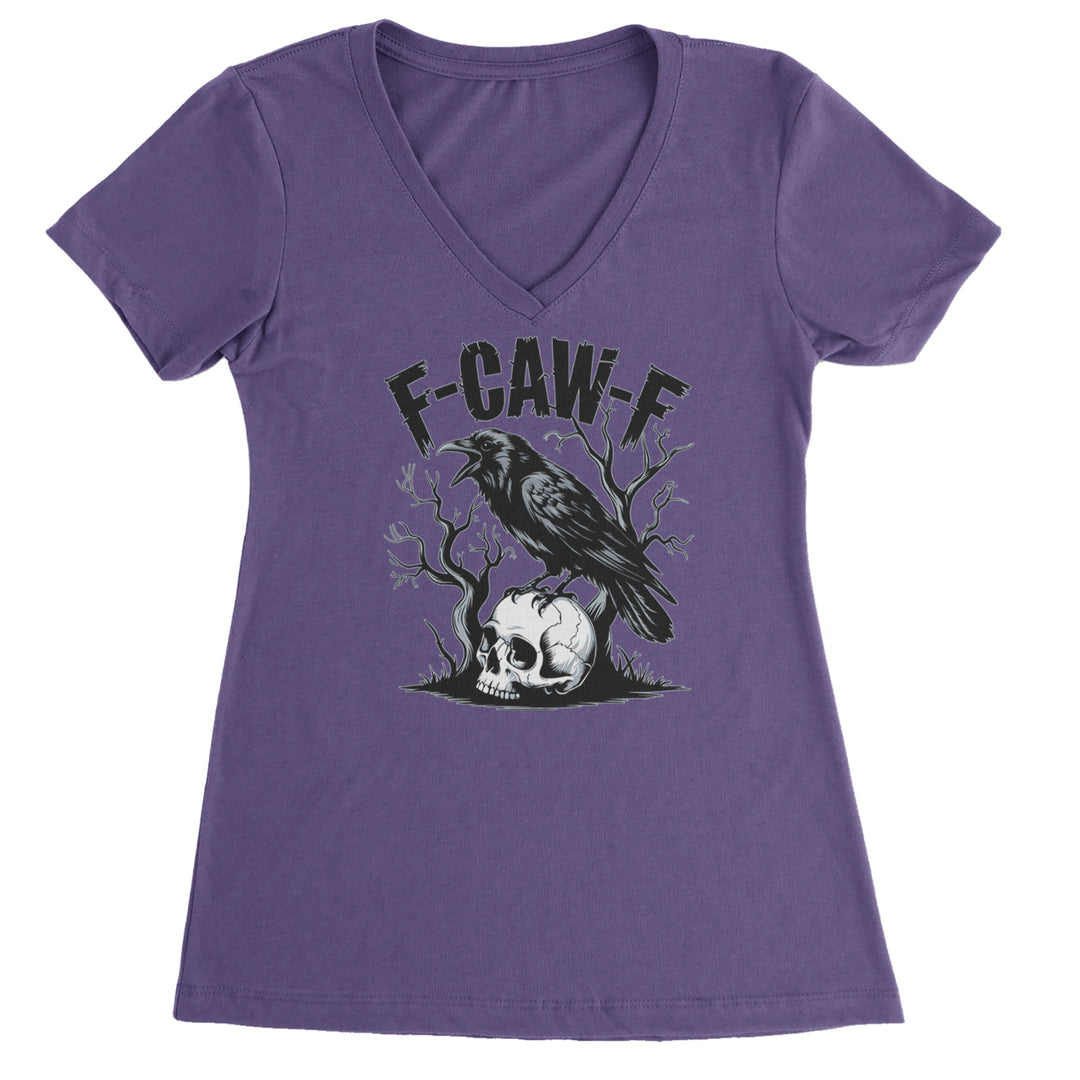 F-Caw-F Crow On Skull F-ck Off Gothic Ladies V-Neck T-shirt Purple