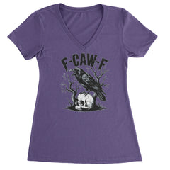 F-Caw-F Crow On Skull F-ck Off Gothic Ladies V-Neck T-shirt Purple