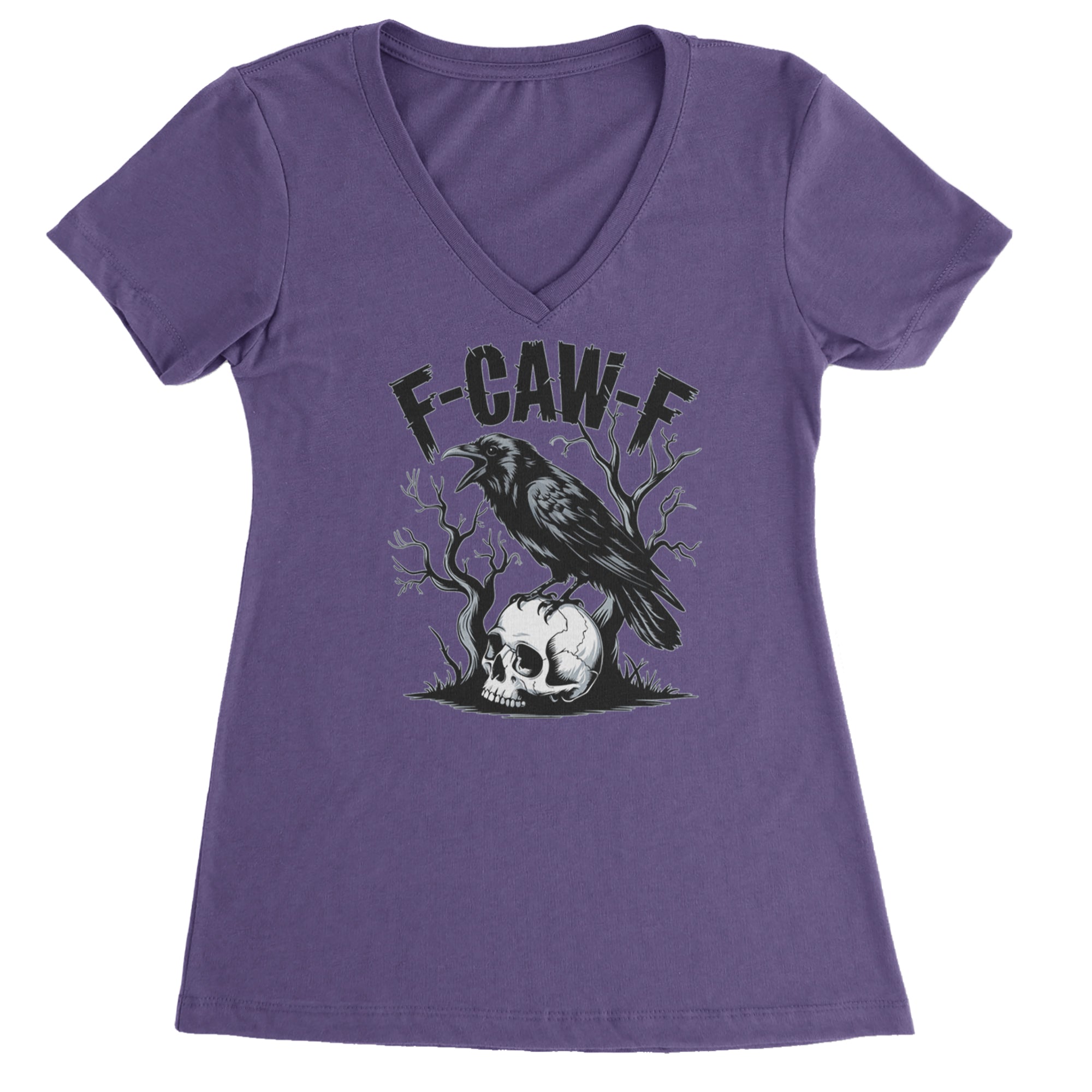 F-Caw-F Crow On Skull F-ck Off Gothic Ladies V-Neck T-shirt Purple