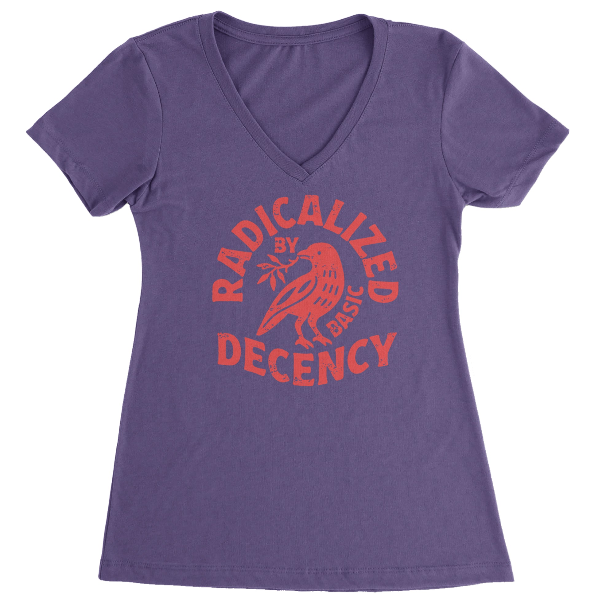Radicalized by Basic Decency Dove Protest Statement Ladies V-Neck T-shirt Purple