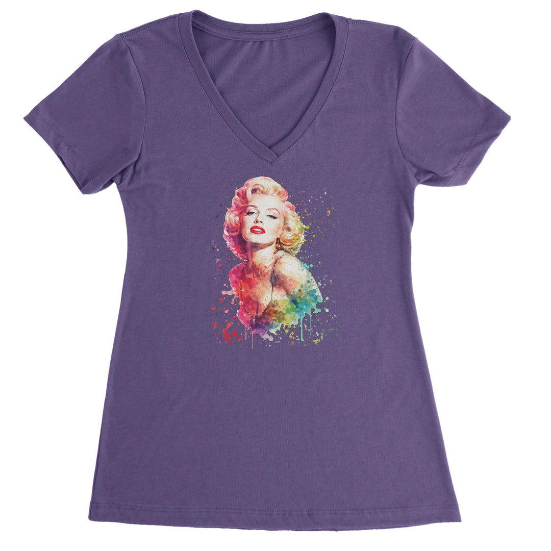 Mrs. Monroe Watercolors Bombshell Ladies V-Neck T-shirt Purple