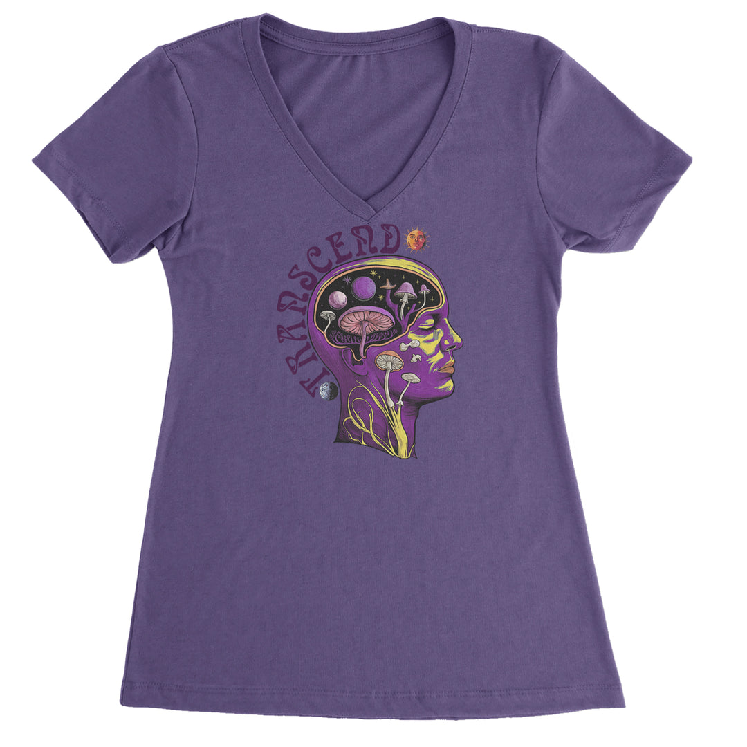 Psychedelic Cosmic Mushroom Head Ladies V-Neck T-shirt Purple