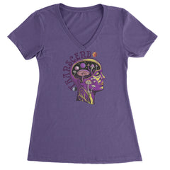 Psychedelic Cosmic Mushroom Head Ladies V-Neck T-shirt Purple