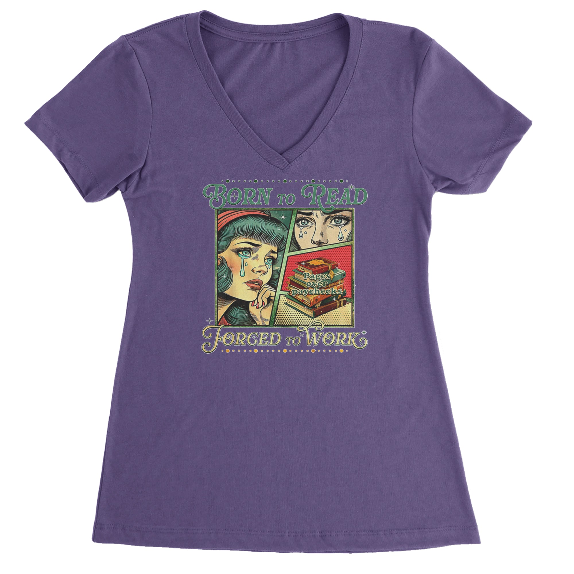 Born To Read, Forced To Work Ladies V-Neck T-shirt Purple