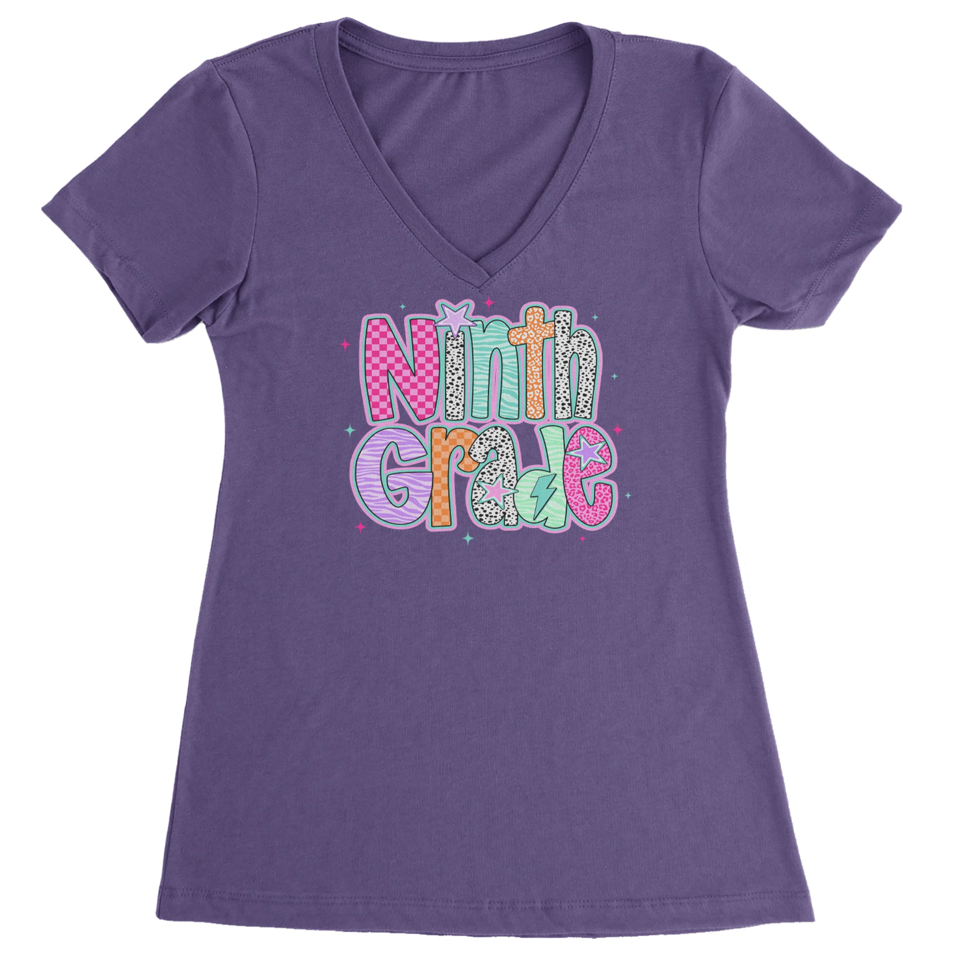 Ninth Grade Freshman Vibes Colorful Back to School Ladies V-Neck T-shirt Purple