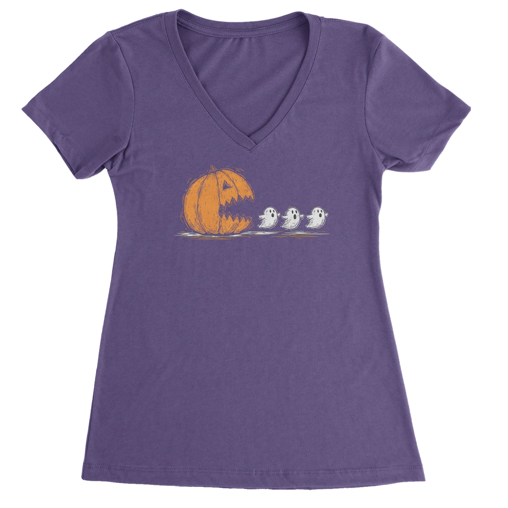 Pumpkin Pacman Chasing Ghosts Halloween Ladies V-Neck T-shirt Purple