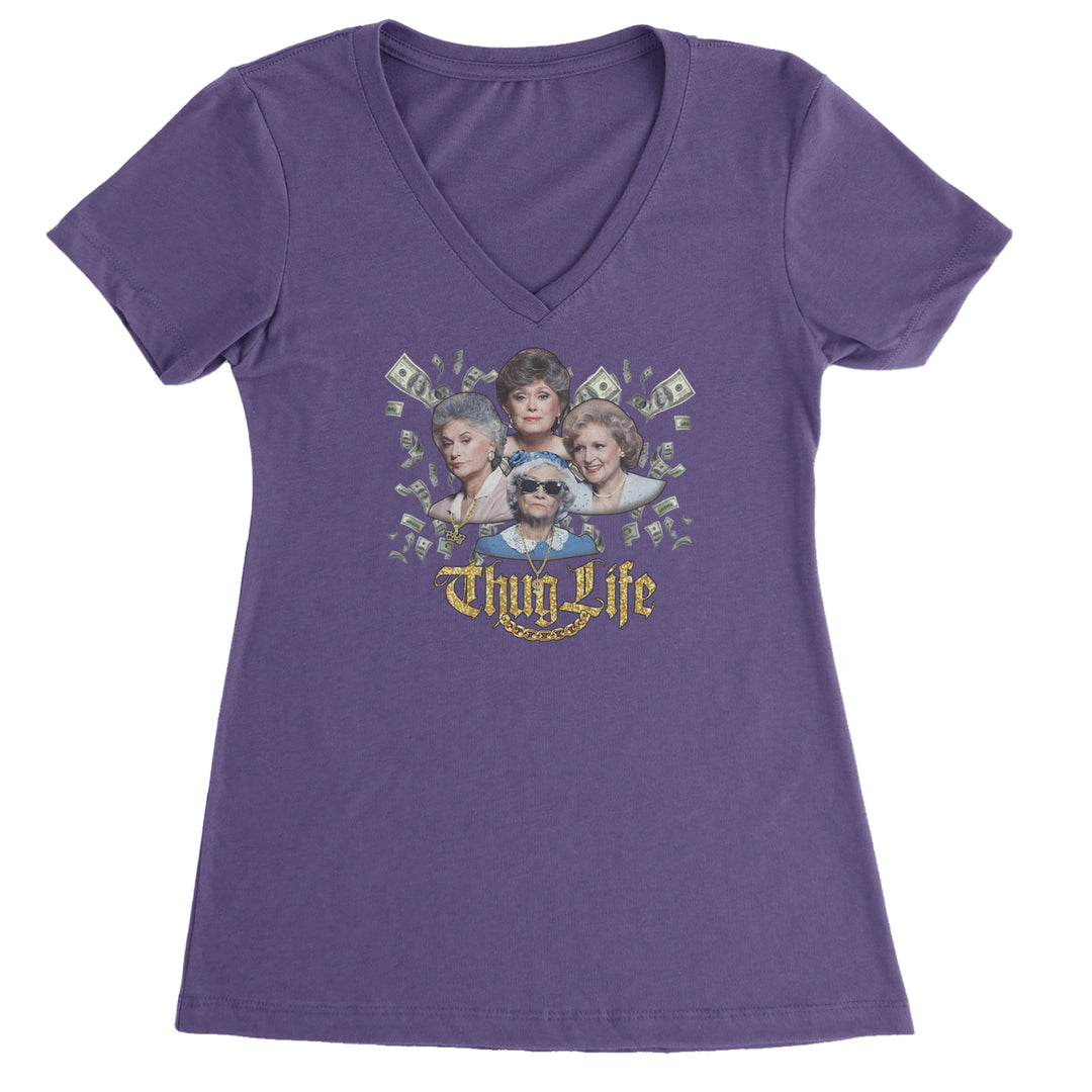 Golden Chain Thug Life Girls Ladies V-Neck T-shirt Purple