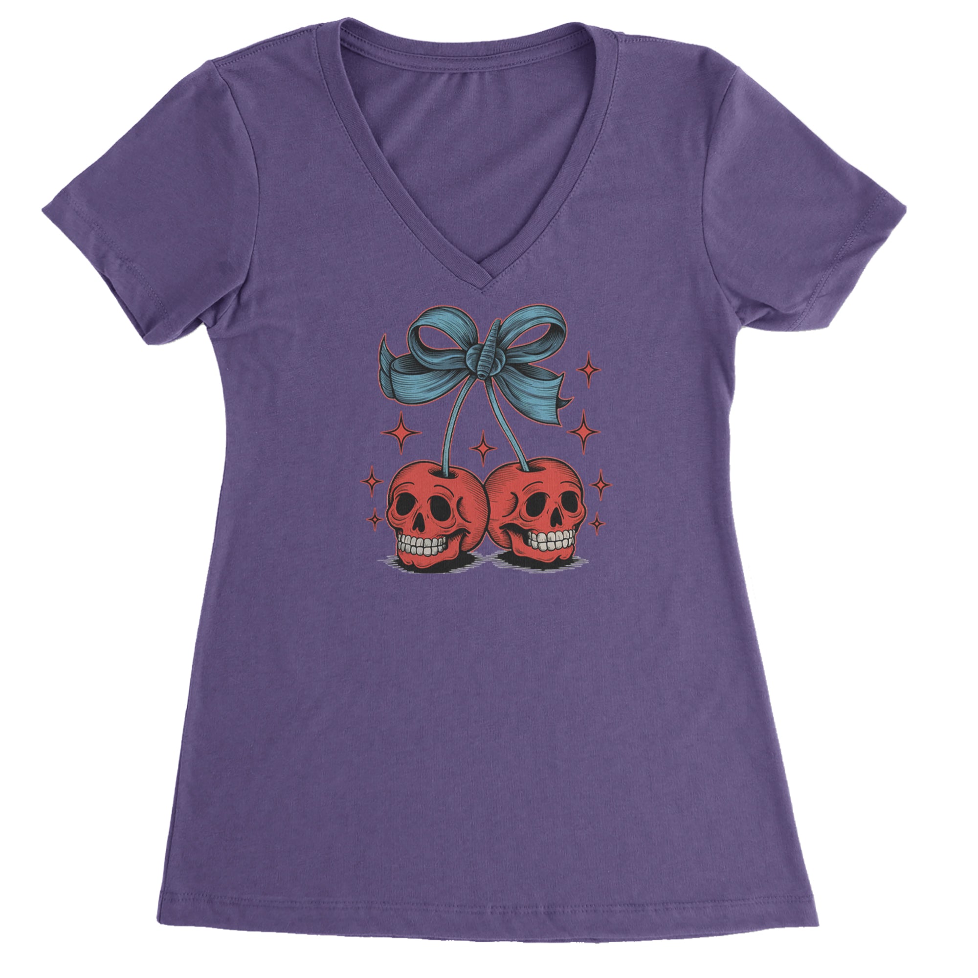 Cherry Skulls Retro Tattoo Ladies V-Neck T-shirt Purple