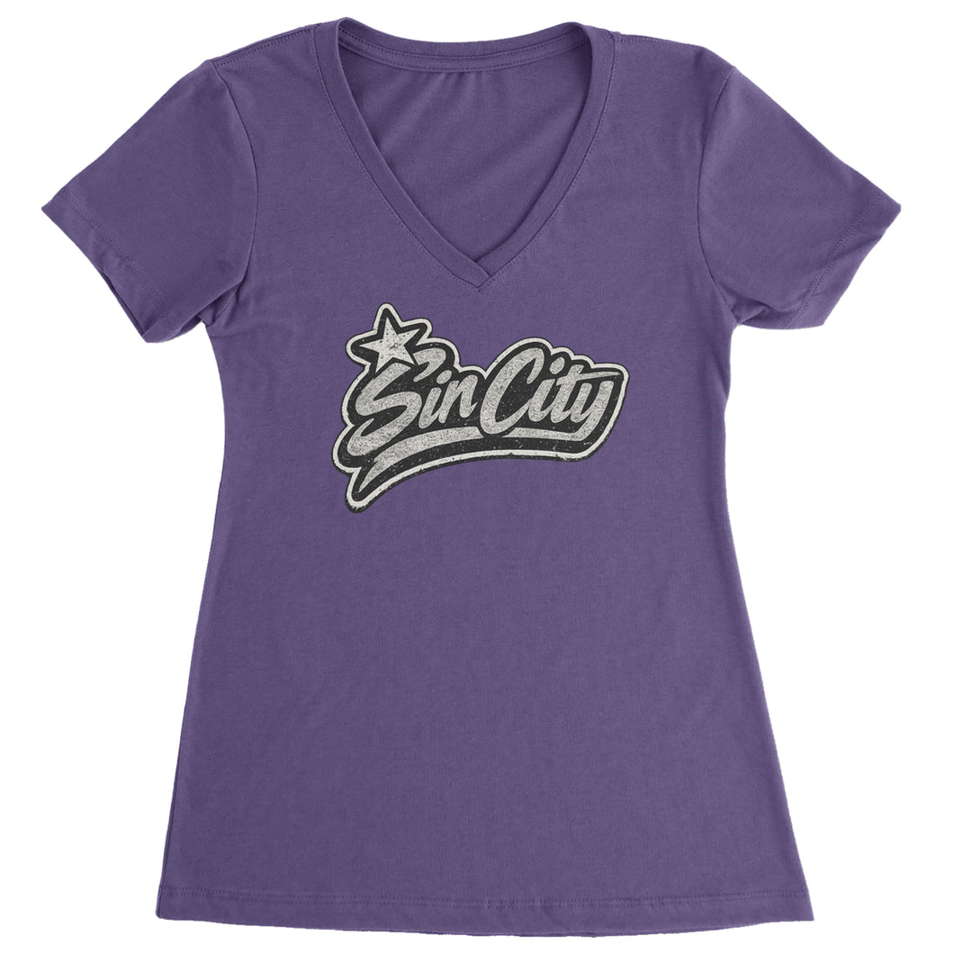 Sin City Vegas Retro Vintage Ladies V-Neck T-shirt Purple