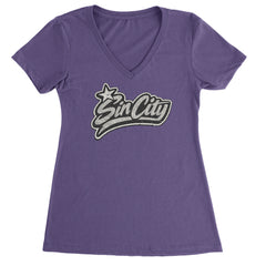 Sin City Vegas Retro Vintage Ladies V-Neck T-shirt Purple