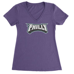 Philly Bold Block Throwback Ladies V-Neck T-shirt Purple