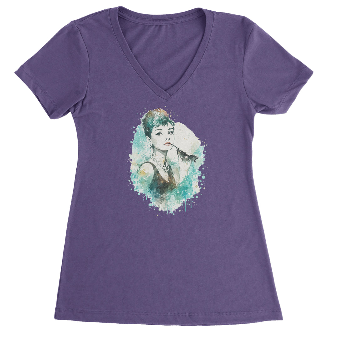 Mrs. Herpburn Iconic Watercolors Ladies V-Neck T-shirt Purple