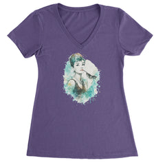 Mrs. Herpburn Iconic Watercolors Ladies V-Neck T-shirt Purple