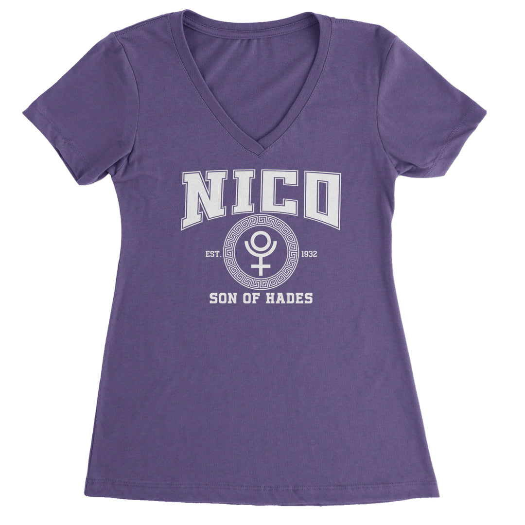 Nico Son of Hades Underworld Crest Ladies V-Neck T-shirt Purple