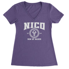 Nico Son of Hades Underworld Crest Ladies V-Neck T-shirt Purple