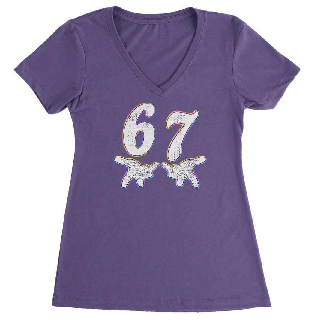 67 Hands Meme Viral Drill Ladies V-Neck T-shirt Purple