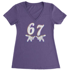 67 Hands Meme Viral Drill Ladies V-Neck T-shirt Purple