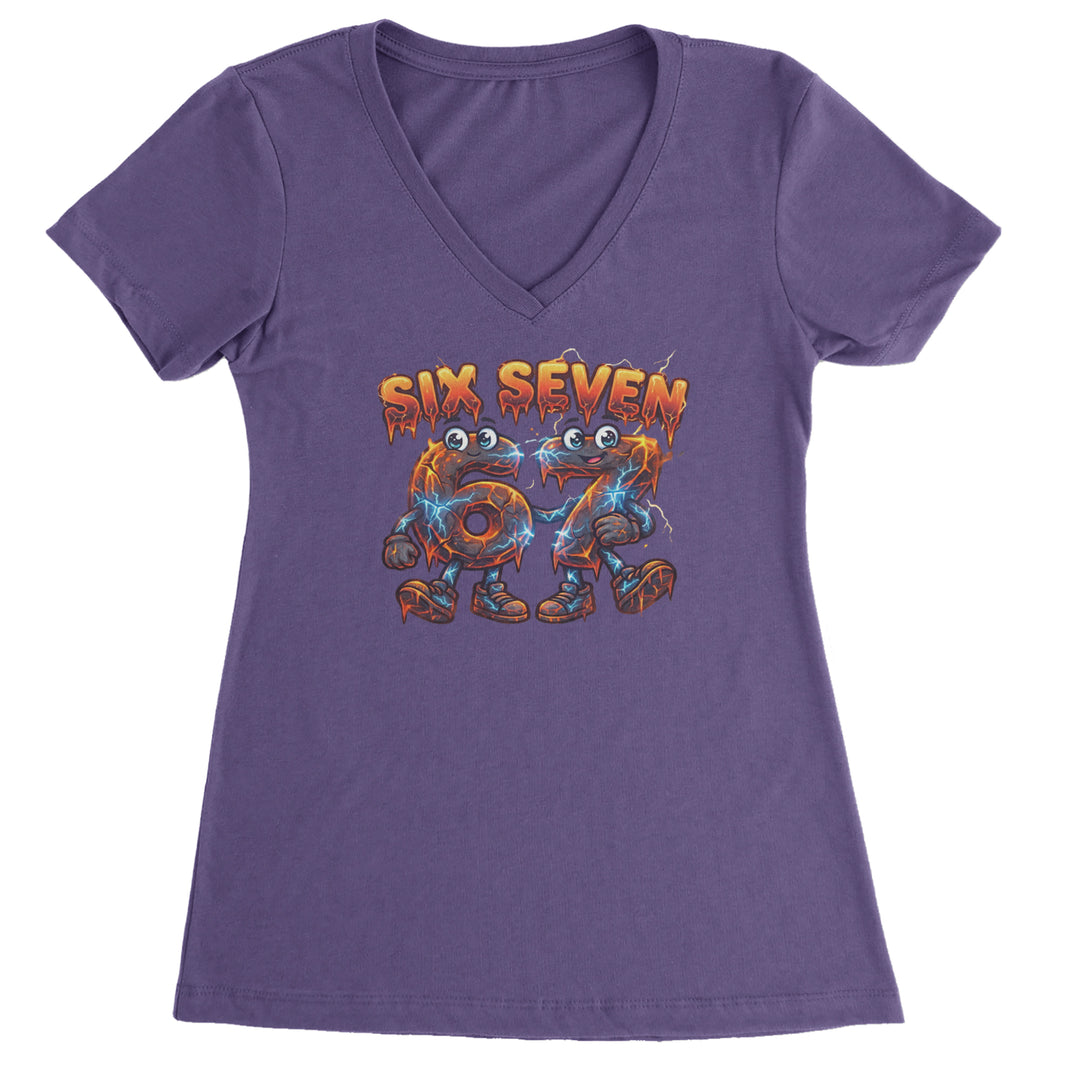 67 Lava Lightning Six Seven Meme Ladies V-Neck T-shirt Purple