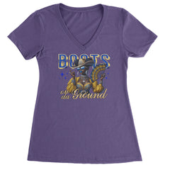 Boots On Da Ground Folding Fan Ladies V-Neck T-shirt Purple
